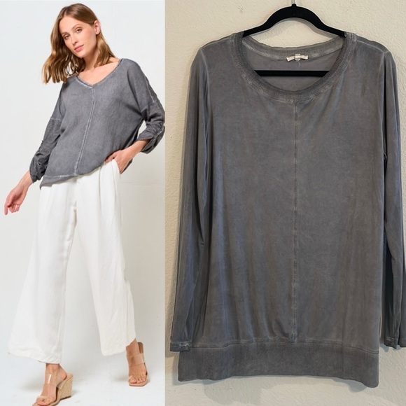 Easel Women’s Shirt Medium Grey Sun Washed Distressed Boho Oversized Longline - Picture 1 of 14